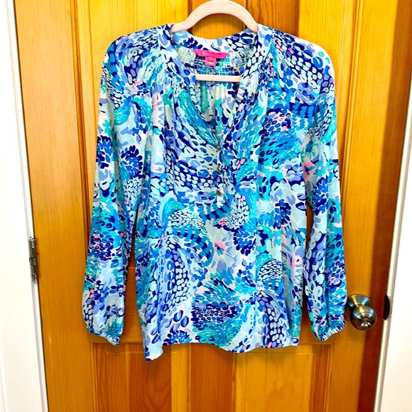 EUC: Lilly Pulitzer XS Elsa Silk Top Blouse Turquoise Oasis Wave after Wave🔥🤩 - Picture 5 of 15